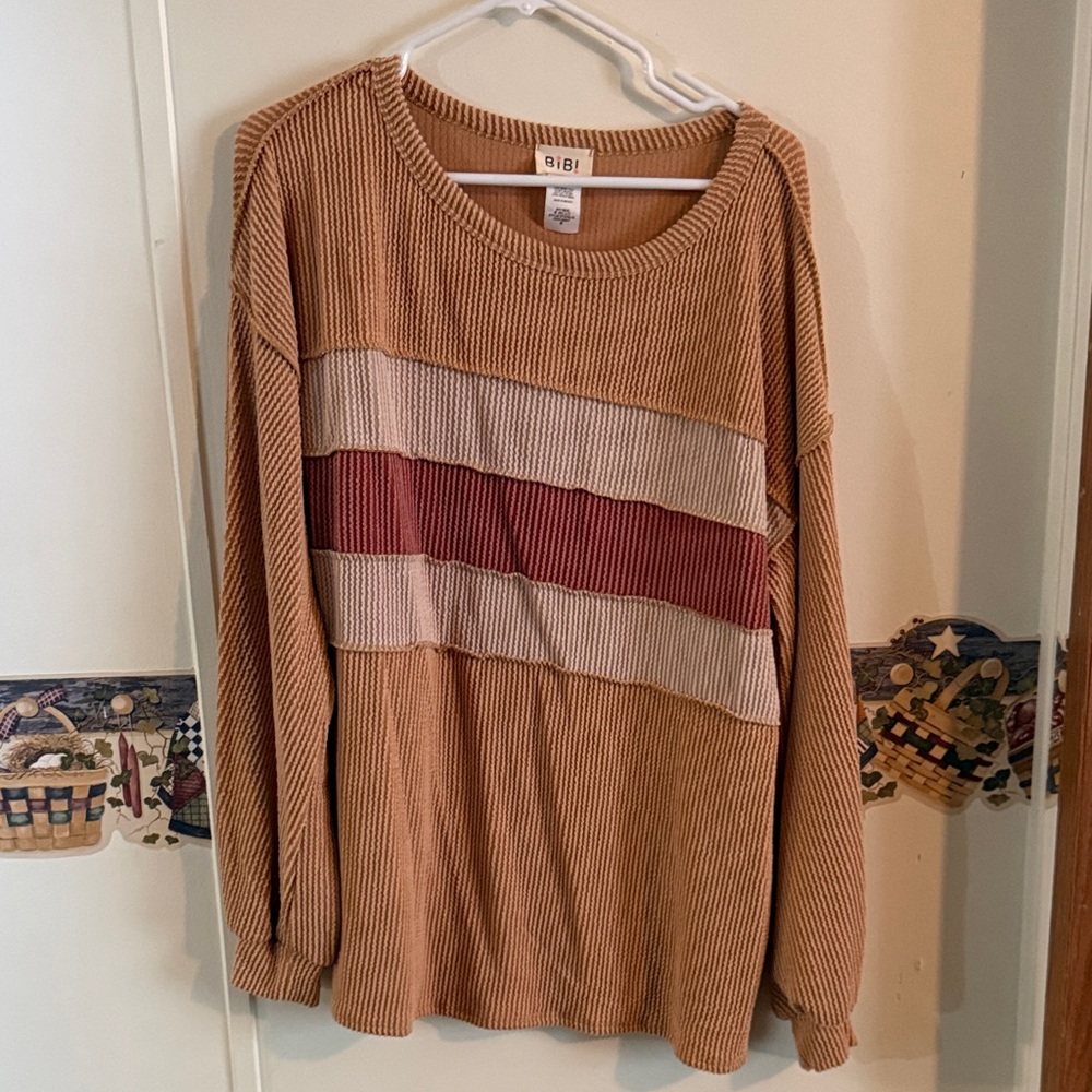 BiBi Women's Sweater with Tan, Red, and Cream Stripes